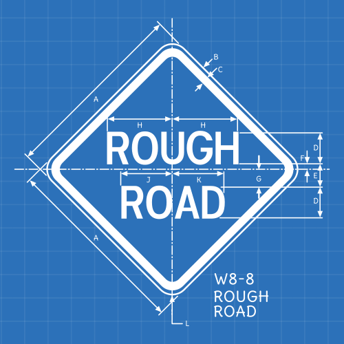 Blueprint style diagram showing US Highway Sign W8-8 - Rough Road