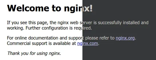 Two screenshots of the nginx Welcome page, side-by-side, showing the page before the change and afterwards. The one on the left is dark-on-light and the one on the right is light-on-dark.