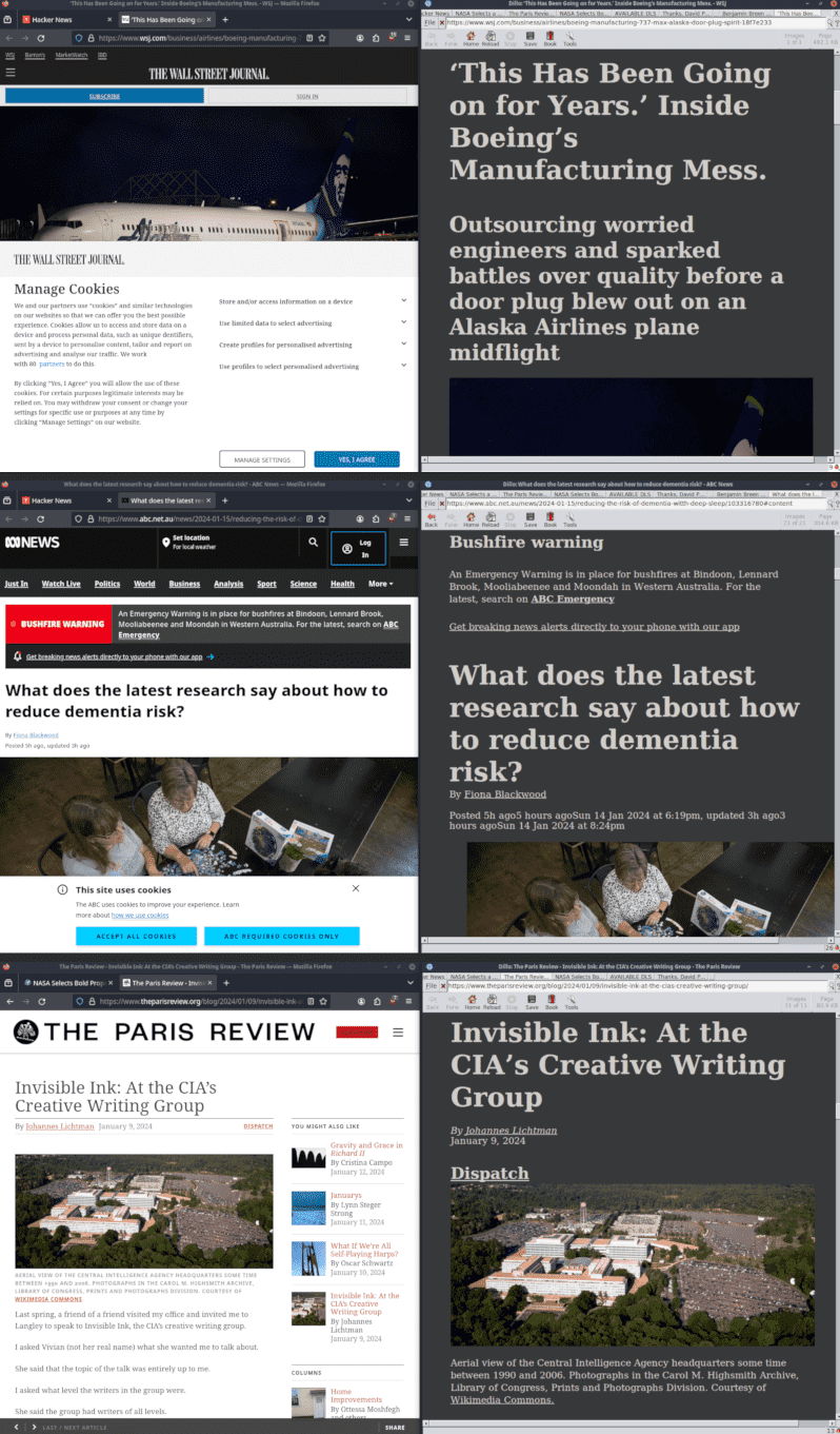 Screenshots of three web pages, each with two browser windows side by side - one of Firefox showing the normal appearance and one with Dillo Plus and my stylesheet, showing the Reader Mode version.