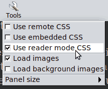Screenshot of the Dillo Plus tools menu, showing the options: 'Use remote CSS' (unchecked), 'Use embedded CSS' (unchecked) - and 'Use reader mode CSS', which is checked.