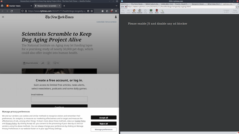 Screenshot of a New York Times article, Firefox on the left, Dillo Plus on the right. In the Firefox window, the article is obscured by Cookie popups and Paywalls. The Dillo Plus one is blank except for 'Please enable JS and disable any ad blocker'.