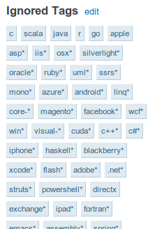 Screenshot of part of my (very long) ignored tags list from Stack Overflow